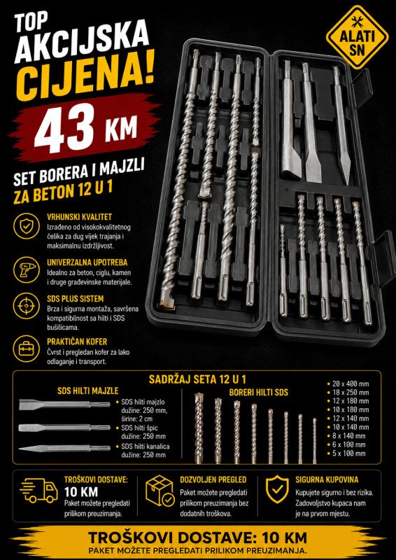 Set borera i majzli za beton 12 u 1