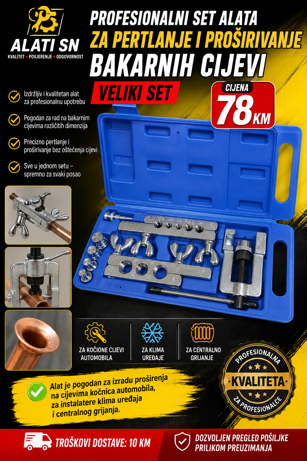 Set alata za pertlanje i proširivanje bakarnih cijevi (veliki set)