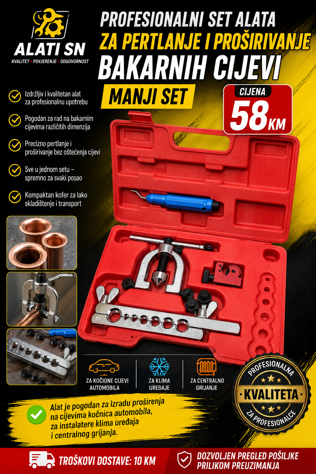 Set alata za pertlanje i proširivanje bakarnih cijevi (manji set)