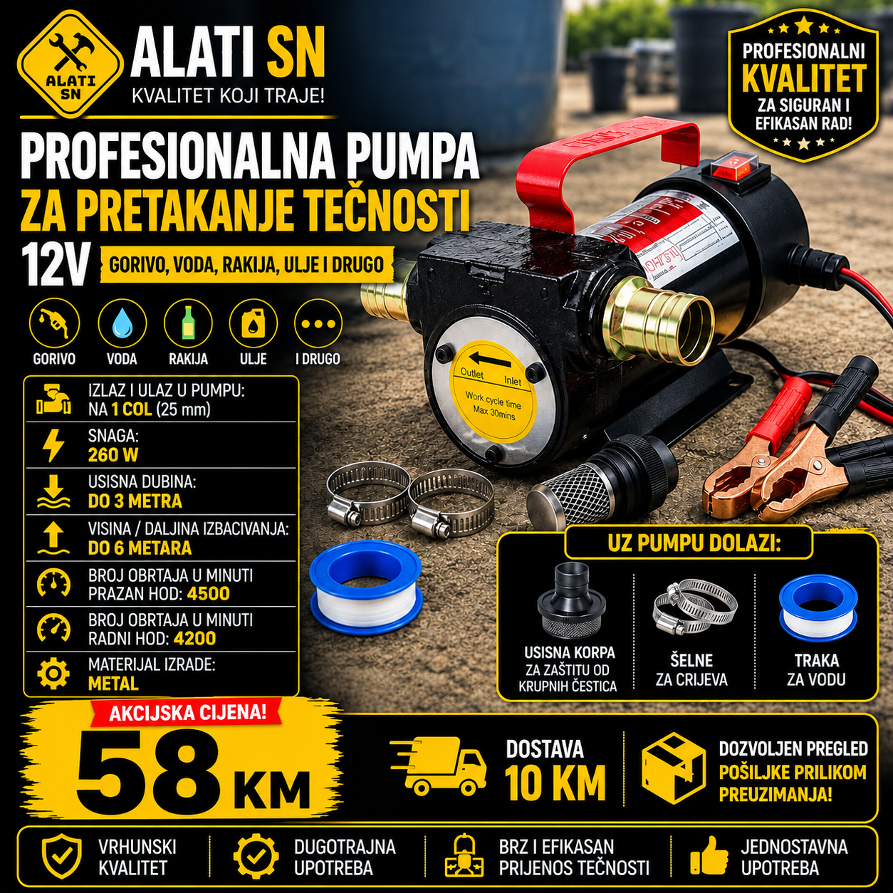 Profesionalna pumpa za pretakanje tečnosti 12 V