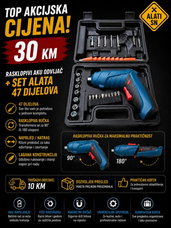 Rasklopivi aku odvijač + set alata 47 dijelova