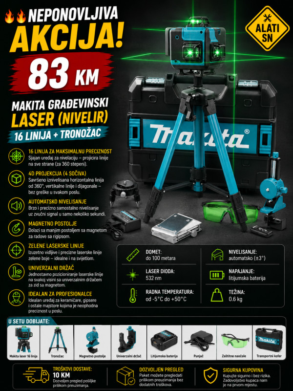 Makita građevinski laser nivelir 16 linija + tronožac