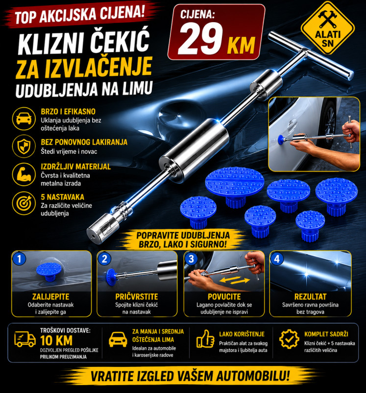 Klizni čekić za izvlačenje udubljenja na limu auta