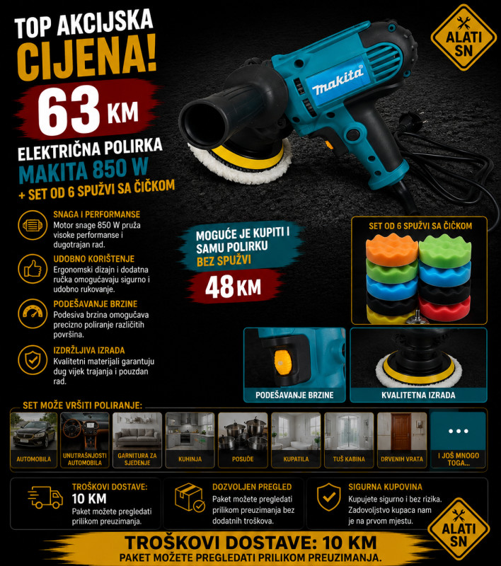 Električna polirka Makita 850 W + set od 6 spužvi sa čičkom