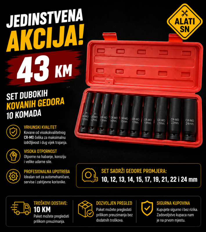 Set dubokih kovanih gedora 10 komada (10 do 24mm)