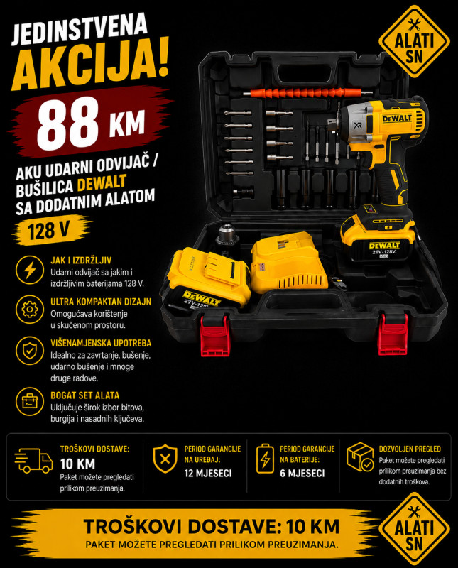 Aku udarni odvijač / bušilica DeWalt sa dodatnim alatom - 128 V