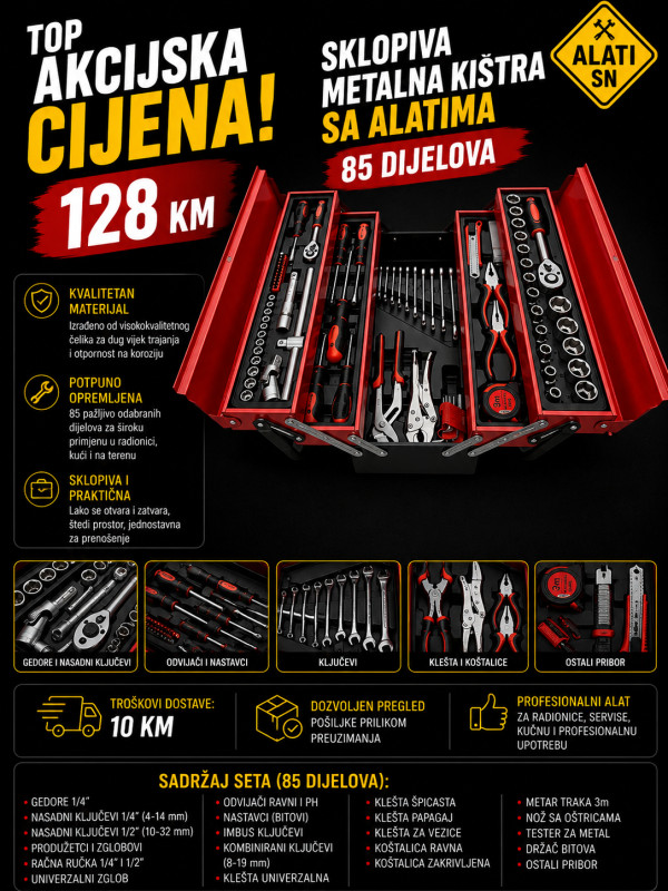 Sklopiva metalna kištra sa alatima - 85 komada
