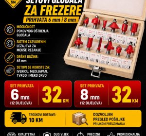Glodala za frezere prihvati 6 i 8 mm (12 komada)