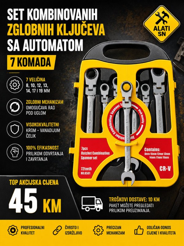 Set kombinovanih zglobnih ključeva sa automatom (7 komada)