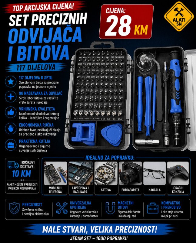 Set preciznih odvijača i bitova - 117 dijelova