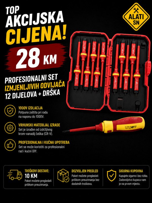 Profesionalni set izmjenljivih odvijača 12 komada + drška