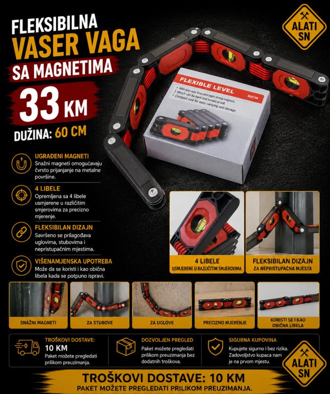 Fleksibilna vaser vaga (libela) sa magnetima - 60 cm