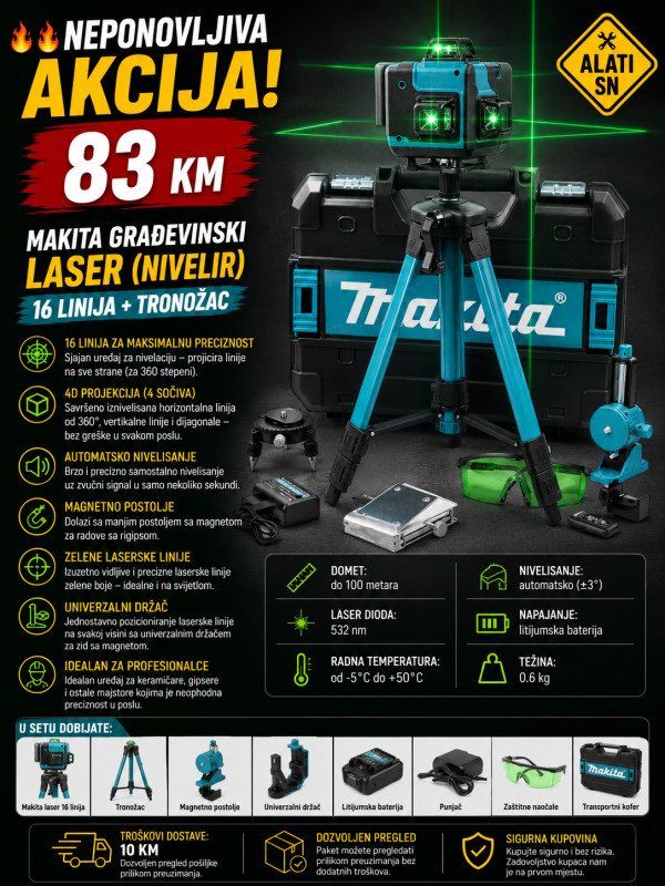 Makita građevinski laser nivelir 16 linija + tronožac