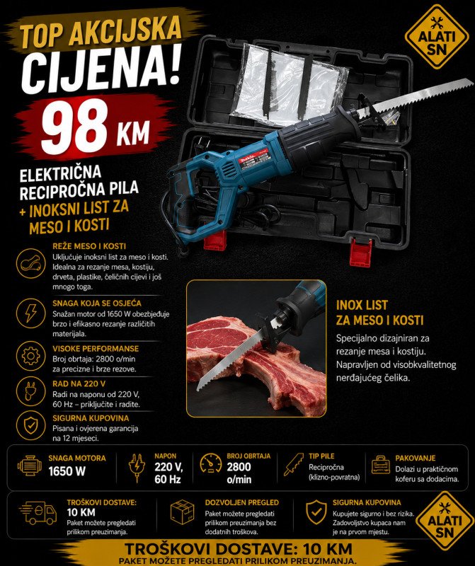 Električna recipročna pila + inoksni list za meso i kosti