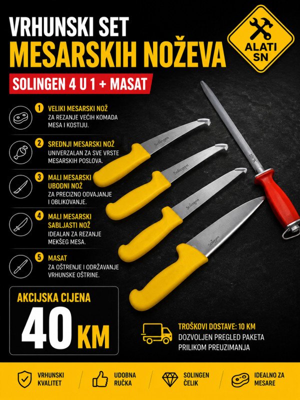 Vrhunski set mesarskih noževa Solingen 4 u 1 + masat